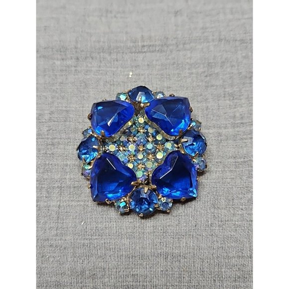 Vintage Carbon Blue Floral Heart Shape Pin Pinback Brooch, 1.5'' Diameter - Picture 1 of 2